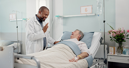 Image showing Consultation, healthcare and doctor with senior man in hospital after surgery, treatment or procedure. Discussion, checkup and African male medical worker talk to patient in clinic bed for diagnosis.