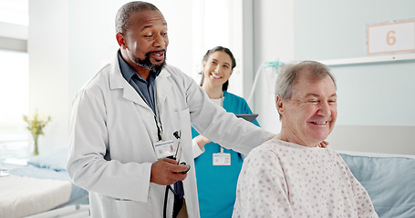Image showing Senior patient, doctor and hospital with breathing check and stethoscope for heart exam in a clinic. Elderly care, wellness and medical help of African male professional with healthcare and listening