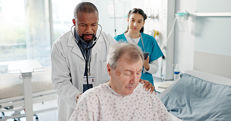 Image showing Senior patient, doctor and hospital with breathing check and stethoscope for heart exam in a clinic. Elderly care, wellness and medical help of African male professional with healthcare and listening
