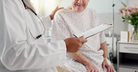 Image showing Senior hands, doctor and clipboard for hospital medical checkup, good news and surgery planning. African professional, man and test results paper for healthcare insurance planning or consulting trust