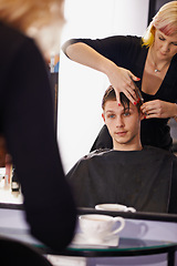 Image showing Cut, styling and man in mirror with hairdresser for professional haircare, barbershop or luxury treatment. Grooming, hair and client at salon for care, haircut and small business with expert service