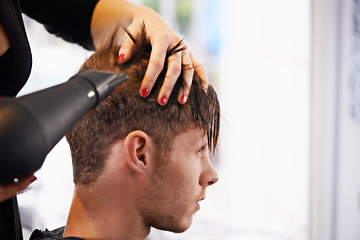 Image showing Hairdryer, styling and man with hairdresser for professional haircare, cut or dry with luxury treatment. Grooming, hair and client at salon for care, wellness and small business with customer service