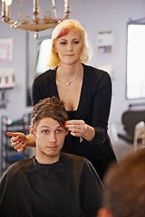 Image showing Mirror, style and man in mirror with hairdresser for professional haircare, cut or luxury treatment. Grooming, hair and client at salon for care, unique haircut and small business with expert service