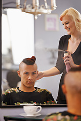 Image showing Spray, styling and man in mirror with hairdresser for professional haircare, cut or luxury treatment. Grooming, hair and client at salon for care, unique haircut and small business with happy service