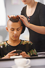 Image showing Phone, style and man in mirror with hairdresser for professional haircare, cut or luxury treatment. Grooming, hair and client at salon for care, unique haircut and small business with smartphone