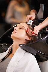 Image showing Shampoo, water and woman at sink with hairdresser for professional haircare, cleaning or luxury treatment. Grooming, hair care and client at salon basin with soap, washing and small business service