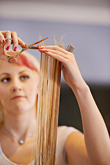 Image showing Beauty, woman at hairdresser and scissors for haircut, styling and maintenance for haircare. Grooming, luxury cosmetic treatment and stylist at professional salon with client, pamper and makeover