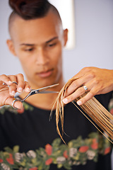 Image showing Beauty, hands and man with scissors for haircut, styling and maintenance for hair care at hairdresser. Grooming, cosmetic treatment and stylist at professional salon with client, pamper and makeover