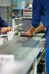 Image showing People, hands and distribution with production at factory for packaging, supply chain or manufacturing. Closeup of employees in shipping industry, export or import business of stock, cargo or product