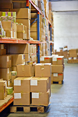 Image showing Boxes, packages and shelves with inventory at warehouse for distribution, supply chain or logistics. Empty room or interior of parcel, cargo or shipment in factory or storage for export or import