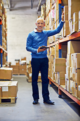 Image showing Boxes, tablet or portrait of man in factory for stock info for delivery order by shelf in warehouse. Check, inventory or happy mature manager with product, package or cargo shipping for distribution