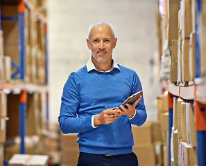 Image showing Warehouse, portrait or senior businessman with tablet for logistic, delivery or cargo, shipping or planning. Factory, supply chain or face of manager with app for retail, stock or digital procurement