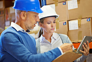 Image showing Team, distribution and warehouse with tablet and clipboard for inventory management, stock checklist and online. People at storage facility, digital and distribution paperwork for quality control