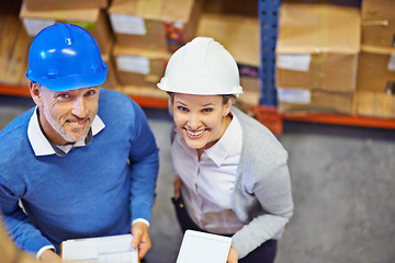 Image showing Top view, distribution and people in warehouse for logistics with tablet and clipboard for inventory management. People at storage facility, digital and supply chain paperwork for quality control