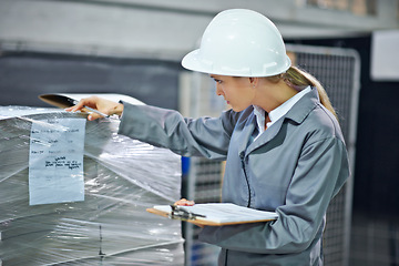 Image showing Logistics, clipboard and woman in warehouse with inventory for quality control and freight distribution. Hardhat, inspector and wholesale supplier with stock checklist in supply chain for inspection