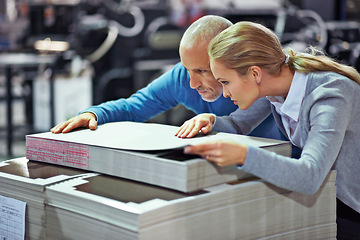 Image showing Printing, warehouse and people with paper for inspection, collaboration and quality control. Factory, supply chain and man and woman for logistics, manufacturing and industrial production in workshop