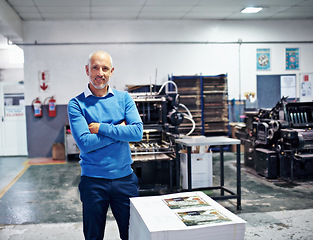 Image showing Printing, factory and portrait of man with crossed arms for quality control, supply chain or product inspection. Warehouse, professional and person for logistics, manufacturing and paper production