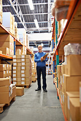 Image showing Manager, man and portrait in warehouse with clipboard for inventory, quality control and freight distribution. Senior, wholesale supplier and stock checklist in logistics industry for box inspection