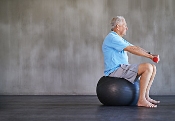 Image showing Senior man, dumbbells and exercise with ball for fitness, rehabilitation or physiotherapy at gym on mockup space. Elderly person, weightlifting or training for physical therapy, muscle or body health