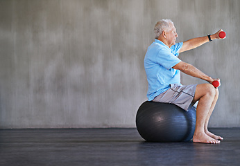 Image showing Elderly man, dumbbells and exercise with ball for fitness, wellness and physiotherapy at gym on mockup space. Senior person, weightlifting and training for physical therapy, muscle or body health