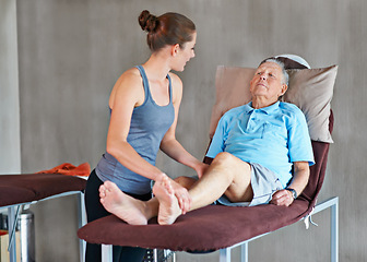 Image showing Therapist, legs and senior patient with physical therapy exercise at rehabilitation center. Medical, help and physiotherapist with elderly man with consultation for muscle injury at healthcare clinic