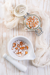 Image showing Preparing  crushed eggshells for  vegetable bed, eggshells stored for making natural fertilizers for growing vegetables