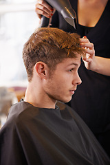 Image showing Client, hairdryer and man with hairdresser for professional haircare, styling or drying with luxury treatment. Grooming, hair and customer at salon for care, wellness and small business with service