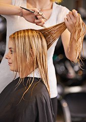 Image showing Beauty, hair and people at hairdresser with scissors for haircut, styling and maintenance for haircare. Grooming, cosmetic treatment and stylist at professional salon with client, pamper and makeover