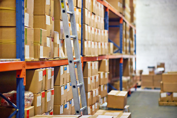 Image showing Boxes, ladder and shelves with inventory at warehouse for distribution, supply chain or logistics. Empty room or interior of packages, cargo or shipment in factory or storage for export or import