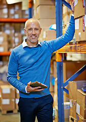 Image showing Box, tablet or man in warehouse for stock or logistics info for a delivery order by shelf in workshop. Smile, factory or happy mature manager with product, package or cargo shipping for distribution