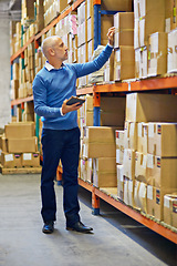 Image showing Boxes, tablet or man in factory for stock or logistics info for a delivery order by shelf in warehouse. Check, inventory or mature manager with product, package or cargo shipping for distribution