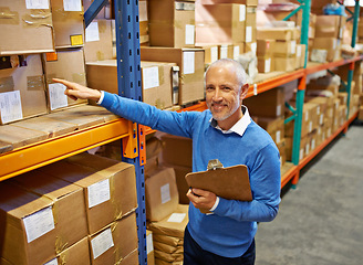 Image showing Boss, clipboard and smile in warehouse with inventory for quality control and freight distribution. Senior businessman, wholesale supplier and stock checklist in logistics industry for box inspection