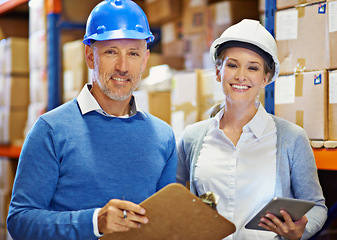 Image showing Team, logistics and warehouse with tablet and clipboard for inventory management, checklist and portrait. People at storage facility, digital and distribution paperwork for quality control and smile