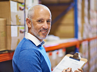 Image showing Senior, man and portrait in warehouse with clipboard for inventory, quality control and freight distribution. Manager, wholesale supplier and stock checklist in logistics industry for box inspection