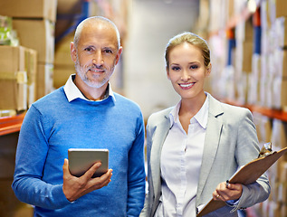 Image showing Warehouse, portrait and business people with clipboard, tablet or retail, planning or teamwork. Face, supply chain and factory team with app for inventory, stock or checklist for digital procurement