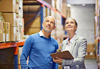 Image showing Clipboard, warehouse or business people with vision for logistic, delivery or cargo, shipping or planning. Factory, supply chain or team smile for paper checklist or retail, stock or procurement note