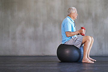 Image showing Senior man, dumbbells and workout with ball for fitness, wellness and physiotherapy at gym on mockup space. Elderly person, weightlifting and training for physical therapy, muscle or body health