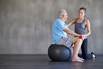 Image showing Physiotherapist, dumbbells and happy elderly man on ball for fitness or rehabilitation at gym on mockup. Senior person, weightlifting and personal trainer help for body health or physical therapy