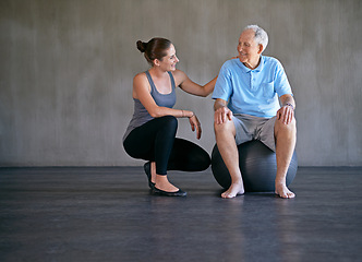 Image showing Exercise ball, talking and physiotherapist with patient for muscle exercise consultation at clinic. Physical therapy, consultation and healthcare worker helping senior man at rehabilitation center.