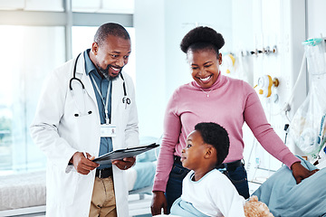 Image showing Doctor, hospital and kid with medical, checkup and consultation for health and wellness. Pediatrician, child and clinic bed with communication, comfort and good news for healthcare and life insurance