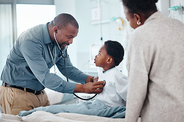 Image showing Pediatrician, child and mother for hospital consultation with stethoscope for cardiology diagnosis, development or checkup. Medical doctor, parent and patient for health advice, examine or wellness
