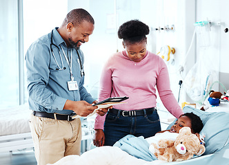 Image showing Doctor, hospital and child with medical, checkup and consultation for health and wellness. Pediatrician, kid and bed with stuffed bear, comfort and good news for healthcare and life insurance