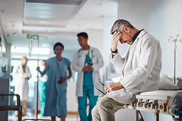 Image showing Hospital, stress and doctor with headache, healthcare and mistake with failure and overworked with fatigue. Clinic, medical or professional with pain or tired with migraine or burnout with depression