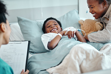 Image showing Pediatrician, child and mother for hospital examination with paperwork checklist for diagnosis, symptoms or consultation. Patient, drip and doctor worker with parent advice, healthcare or wellness