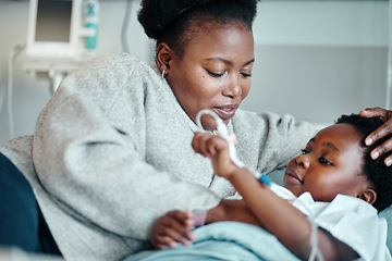 Image showing Hospital, bed and mother with girl for comfort or support for treatment of Respiratory syncytial virus. Black mom, kid and together in clinic for healthcare, medical services and recovery of illness.