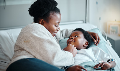 Image showing Hospital, bed and mother with girl for support or comfort for treatment of Respiratory syncytial virus. Black mom, kid and together in clinic for healthcare, medical services and recovery of illness.