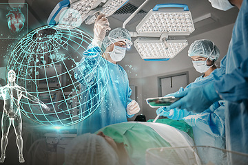 Image showing Doctors, hospital and hologram earth for healthcare in operating room for surgery, ppe and help for emergency. Surgeon, group and procedure in icu, 3d overlay and cardiology with heart icon at clinic