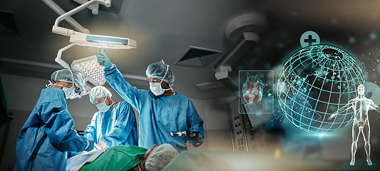 Image showing Doctors, hospital and surgery with global hologram of earth in operating room with ppe, anatomy and emergency. Surgeon, group and planet in icu, 3d overlay and cardiology with heart icon at clinic