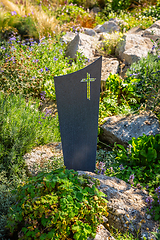 Image showing Modern gave cross and tombstone decorated with native plants and succulents