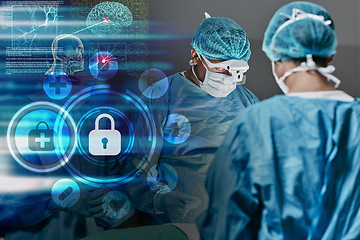 Image showing Overlay, hospital and healthcare insurance with surgeon team for medical service, icons or future at job. Holographic display, symbol and sign for policy, people or digital transformation in clinic